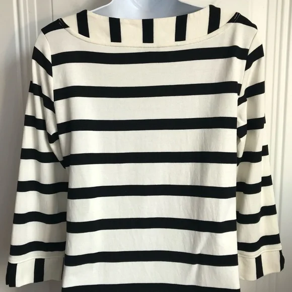 🔴 4/$15 Talbots Women’s S Black & Ivory Stripe Cotton 3/4 Sleeve Knit Top in EUC - Picture 10 of 14